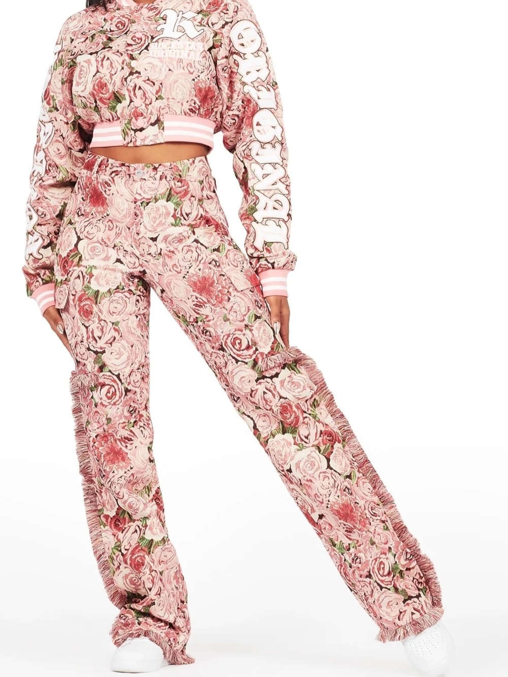 Rose Print Pink Wide-Leg Pants